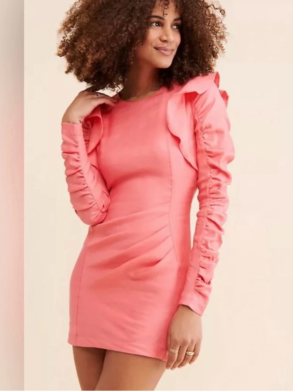 Audette Coral Pink Ruffle Long Sleeve Ruched Bodycon Mini Dress Size XS